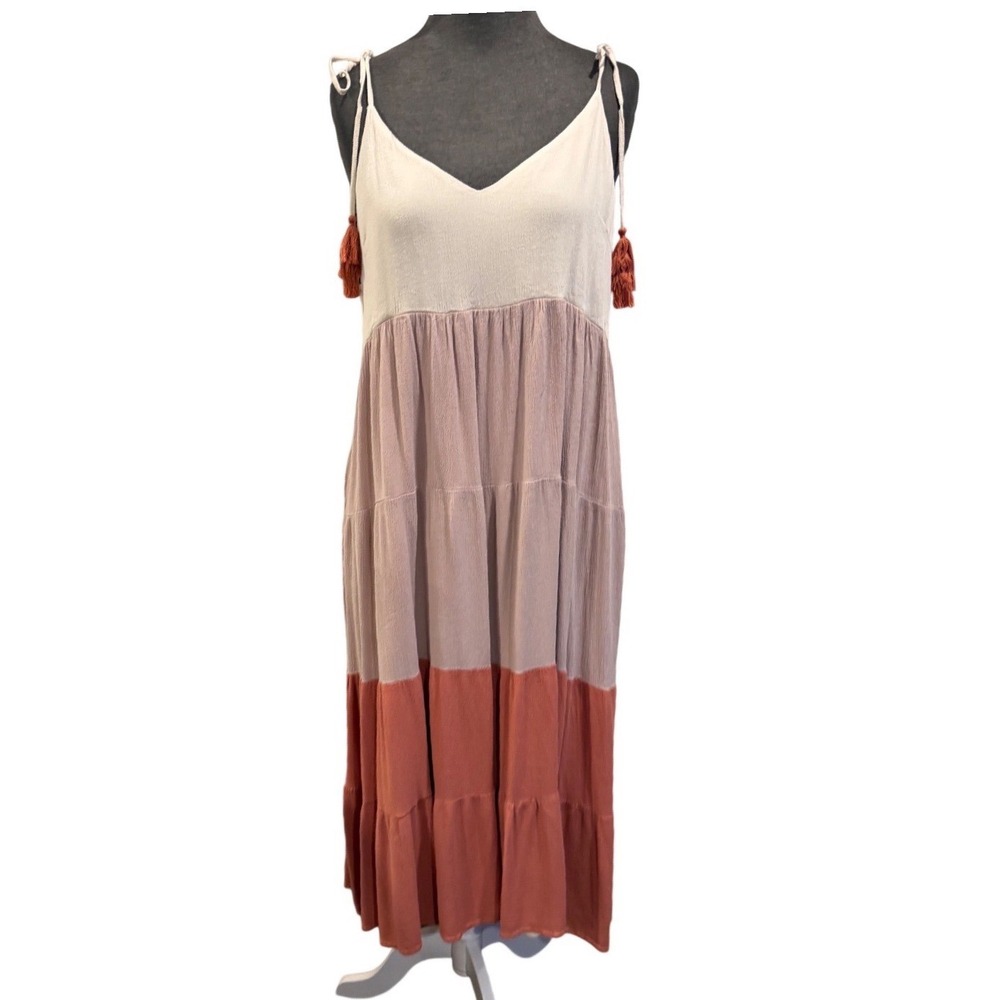 Wishlist Womens Colorblock Tiered Maxi Dress Cream Mauve Terracotta Tassels M